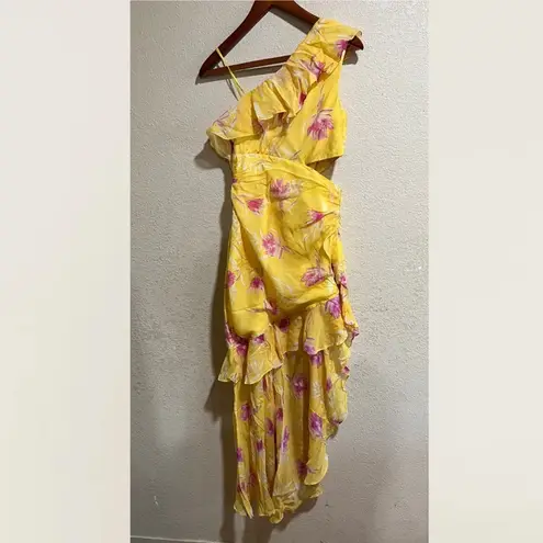 AMUR Vi yellow floral ruffle one shoulder gown 4