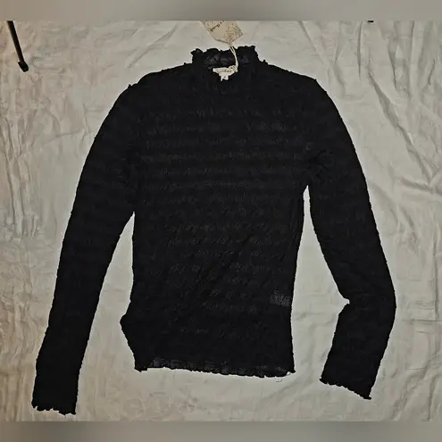 Hem & Thread  Midnight Black Lace Textured Long Sleeve Blouse