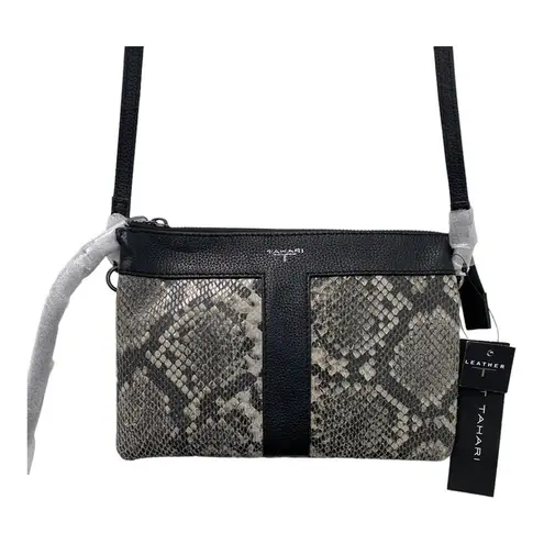 T Tahari NWT Taryn Crossbody Bag Black Gray Snakeskin Embossed Leather Small