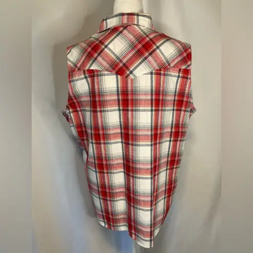 Bit & Bridle Sleeveless Western Tank Button Multicolor Red Plaid Shirt Womens