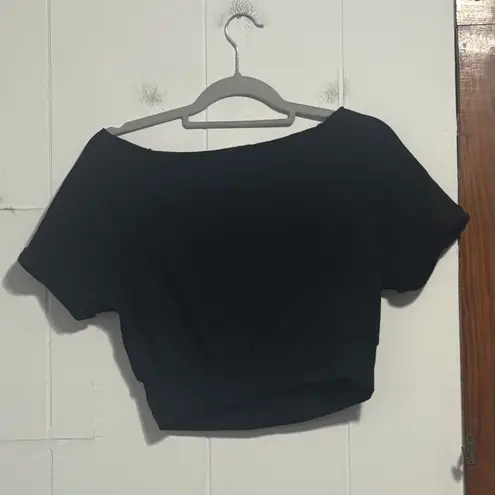 Black Cropped Off Shoulder Top Short Sleeve White Stripe Detail Women's XS