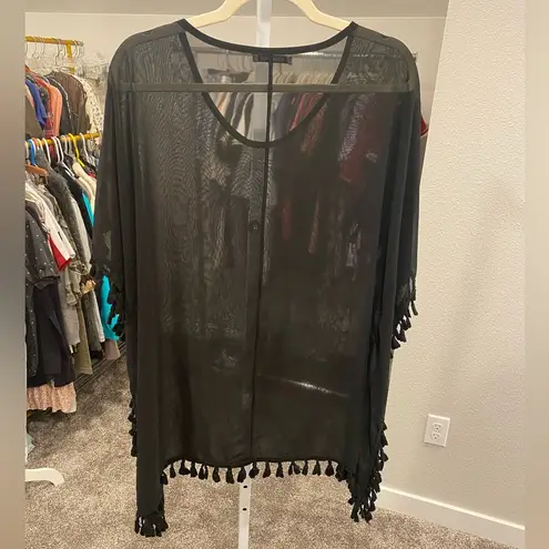 Adreamly Sheer Black Tassel Trim Swim Cover