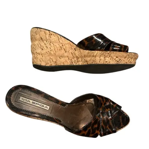 Via Spiga Brown Tortoise Animal Print Cork Style Wedge Sandals 10