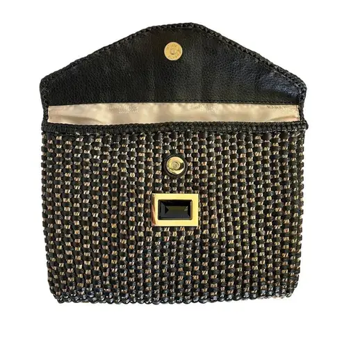 Kara Ross NY Woven Straw Black Leather Onyx Embellished Envelope Clutch Handbag