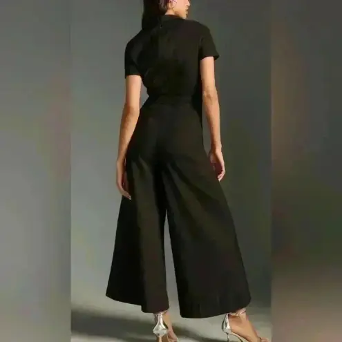 Maeve Anthropologie Black Colette Wrap Jumpsuit Wide Leg Linen Blend $178 Resort