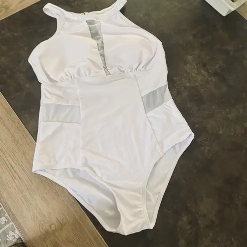 Daci Plus Size One Piece Swimsuit for Women High Neck Plunge Mesh Cut Out Bathing Suits