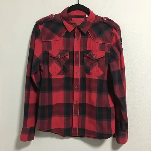 Guess  Women Button Down Shirt Plaid Red Outdoors Grunge Y2K 100% Cotton Size S