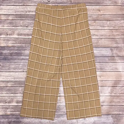 J Jill Camel Ivory Black Plaid Knit Full Leg Cropped Pants Medium Ponte Pull On Tan