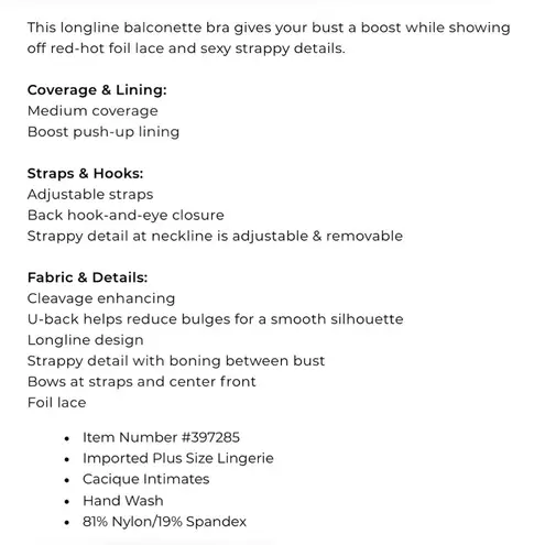 Cacique  Longline Boost Balconette Bra Bustier Style Red Lace Women’s 44C NWT