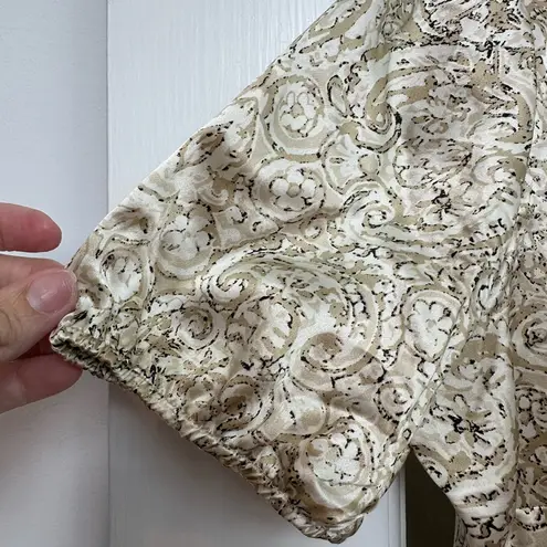 Josie Natori 100% Silk Cream & Gold Puff Sleeve Scalloped Neck Blouse Size XS