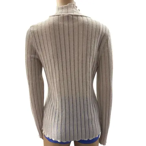 Pilcro Semi Sheer Metallic Knit Lettuce Hem Beige Mock Neck Sweater Size Medium Tan