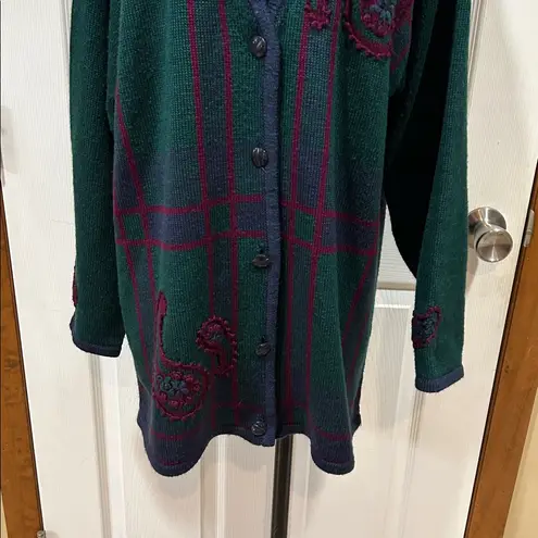 Vintage 90s Tan Jay Green Cardigan – Size Large
Embroidered in Blue & Purple