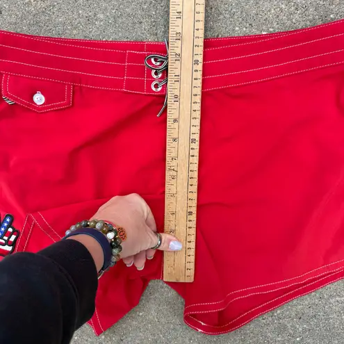 Birdwell Beach Britches Red Womens Peace USA Surf Swim Board Shorts Size 14