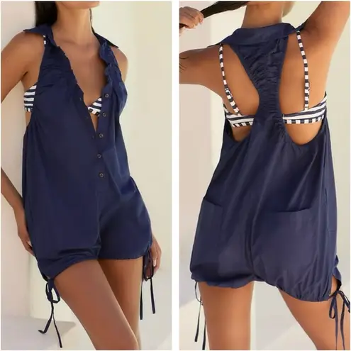 Anthropologie NWT  Collared Bubble Short Romper One Piece Sleeveless Pockets Blue - Image 2