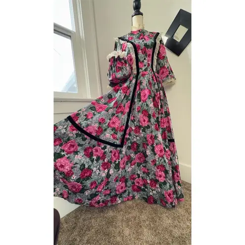 Handmade STUNNING Vintage Victorian Floral Dress Sun Hat Set Handbag Womens Sz S