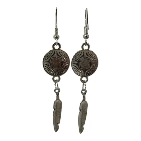 Silver & Red Boho Feather Dangle Earrings Western Mandala Drop Design