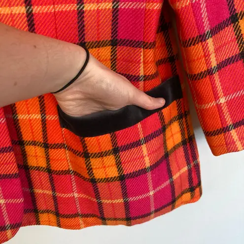 Vintage Mondi Womens M Pink Orange Plaid 100% Wool Power Blazer Preppy Retro Size M