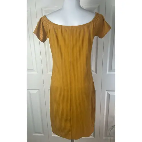 Retro Mustard Ribbed Cap Sleeves Bodycon Midi Preppy Knit Dress Juniors Large Yellow