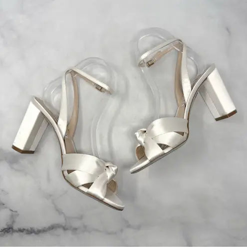 Aquazzura Nina 85 Silk Satin Knot Ankle Strap Block Heel Sandals Bridal White Size 6.5