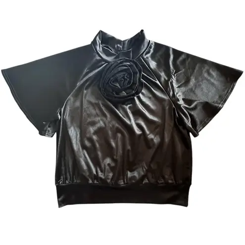Ember Blouse Women's Black 3D Flower Short Bell Sleeve Chic Elegant Size M Size M