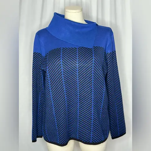 Investments Blue Chevron Knit Sweater Asymmetrical Cowl Neck Long Sleeve Top