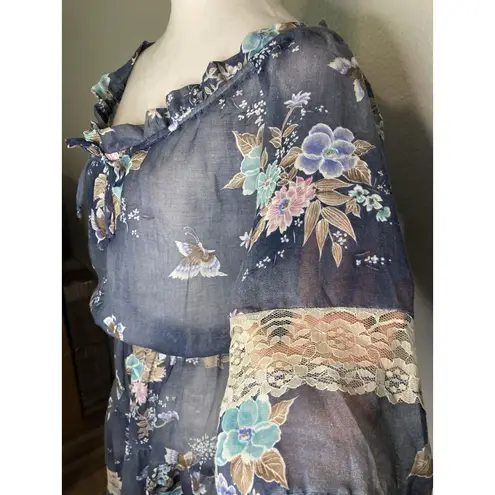 Vintage Dress S Boho Babydoll Cottage Romantic Prairie Floral Tiered Midi Sheer Blue