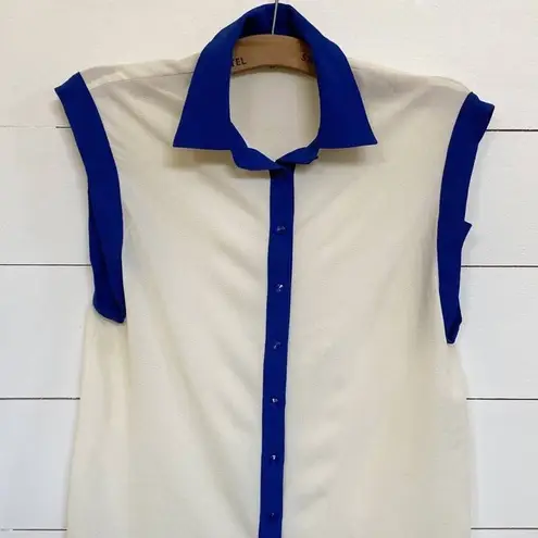Sisley Sleeveless Cream Contrast Blue Trim Button Dressy Y2K Top