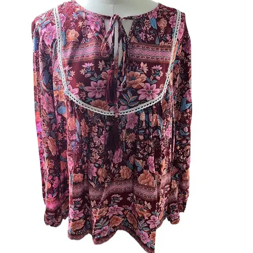 Pretty Garden Boho Cottagecore Blouse Large Pink Floral Tie Neck Peasant Top