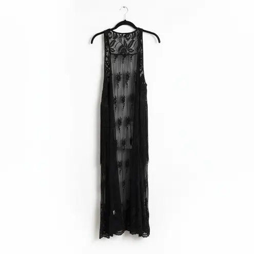 YOU ARE NOT ALONE Black Lace Fringe Maxi Kimono Vest Duster Boho Size undefined