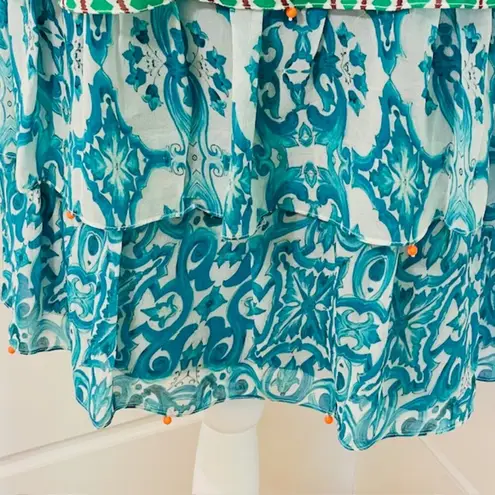 Hemant & Nandita Moana Dress 100% Silk Tiered Shift Mini Tassel Sequins Small Blue