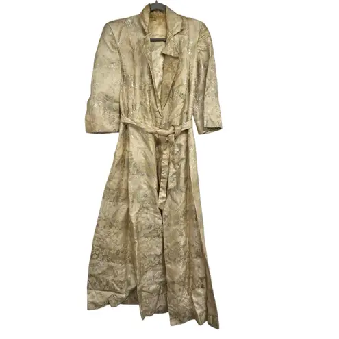 Vintage Handmade Brocade Duster Robe Gold Metallic Jacquard Belted Long Coat M Size M
