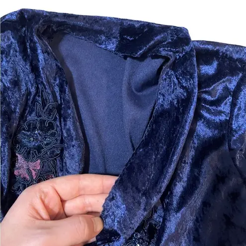 Vintage Velvet Maxi Dress 3/4 Sleeve Tie Front Floral Applique Dark Blue Size undefined