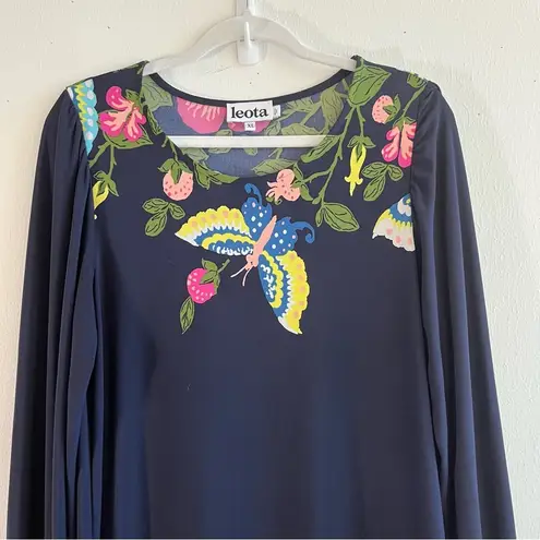 Leota Dress Navy Blue w/ Floral Pattern & Butterfly Long Sleeve Shift Sz XL EUC