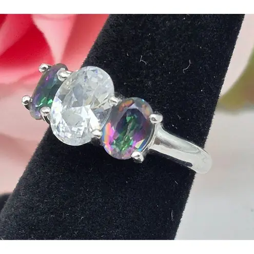 None Silver Tone Cocktail Fashion Ring Clear & Iridescent Crystals Size 7 MINT