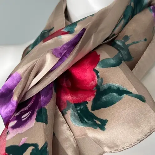 Jacqueline Ferrar NWT vintage 100% silk tan brown floral print scarf accessory
