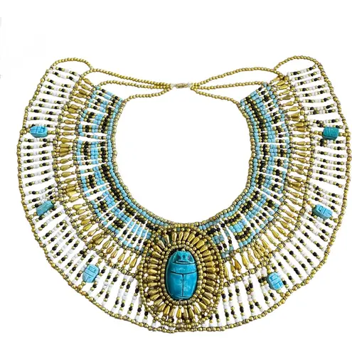 Ancient Egyptian Revival Beaded Scarab Collar
Necklace Handmade Statement Piece Blue