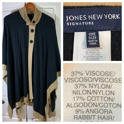JONES NEW YORK SIGNATURE Black Tan Buttons Poncho Cape One Size Sophisticated