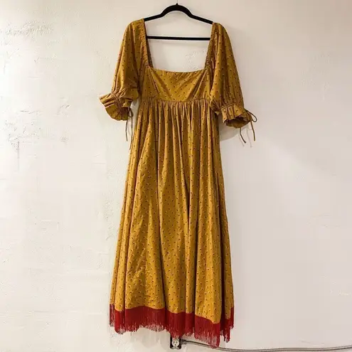 Eddy Jocelyn Puff Sleeve Fringe Dress in Honeycomb Rose Floral Medium NWT Gold