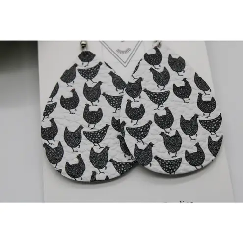 Handmade Genuine Leather Black and White Chicken Teardrop Dangle Earrings