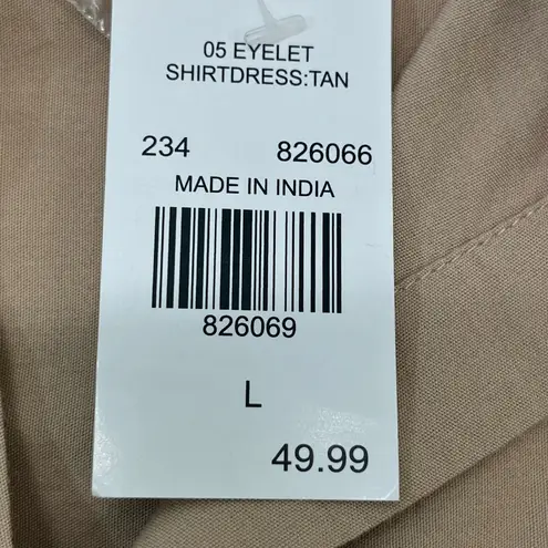 Sweet Magnolia Long Sleeve Shirt Dress W/Embroidered cut out 100% Cotton L Tan Size L