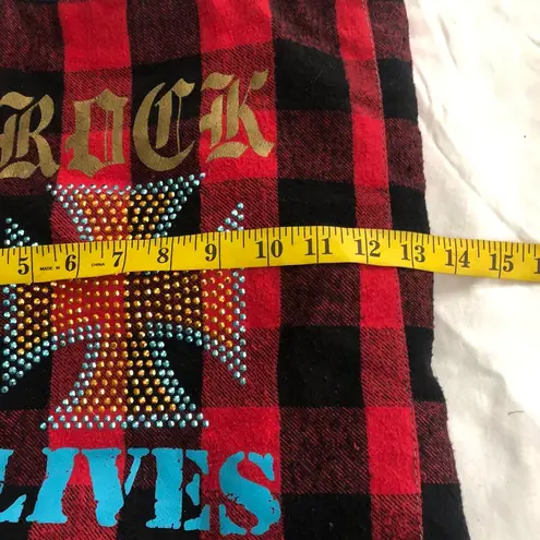 2000s y2k Black and red plaid tote bag with rhinestone bedazzled cross design punk rock grunge goth biker