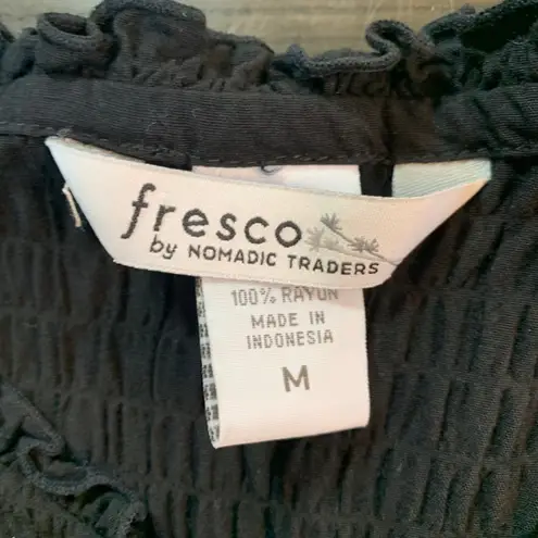 Cottagecore Ruffle Crinkle Button Top Black Boho Minimalist Rayon M Fresco Size M