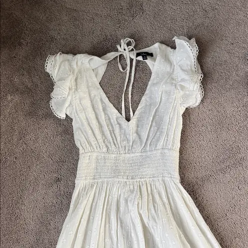 Lulus  Brunch Plans White Swiss Dot Smocked Backless Midi Dress SIZE M