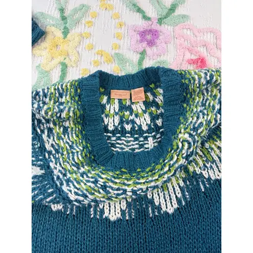 Northcrest Classic Teal Green White Fair Isle Knit Sweater Size L Blue Size L