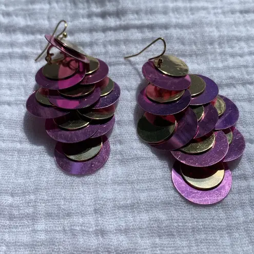 Purple Gold sequin paillette chandelier earrings dangle 3 inch long lightweight Pink