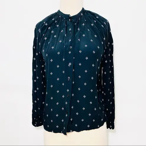 Something Navy  Easy Volume black geometric dot button up ruffle sleeve top