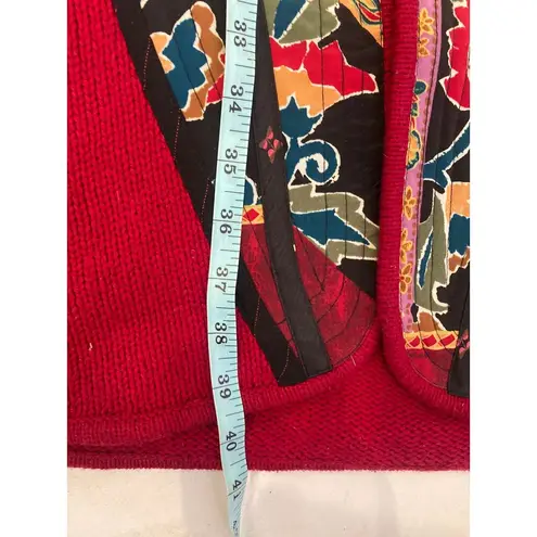 KOOS of Course! Red Open Cardigan Applique Sweater Silk Wool Sz 1X Asian Kimono