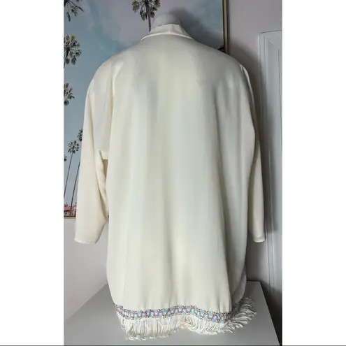 Jella Couture Beige Semi Sheer Fridge Trim Open Kimono Cardigan Size Large - Image 4