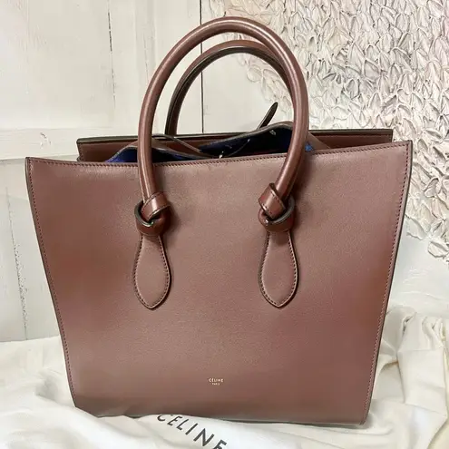 CELINE NWT  Smooth Calfskin Tie Knot Top Handle Tote Handbag Dark Brown Small