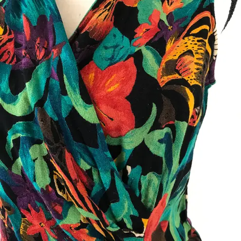 carole little Vintage 90s Sleeveless Faux Wrap Tropical Floral Fish Blouse Rayon